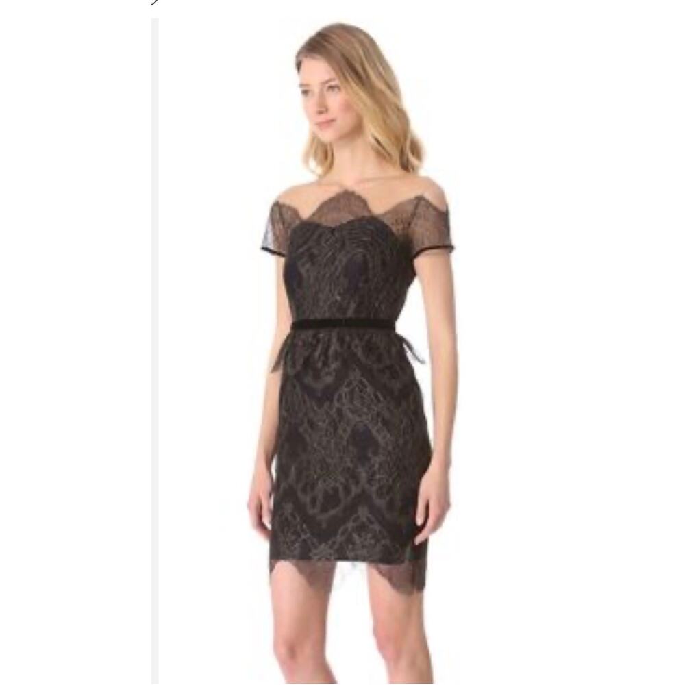 Marchesa Notte Black Gold Lace Off Shoulder Cocktail Dress Size 10